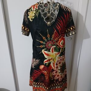 Floral Black V-Neck Mini Dress with Multicolor Print